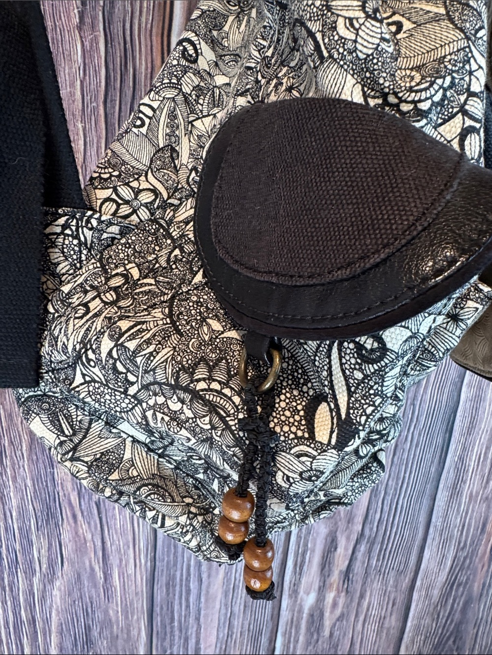 Sakroots Black and Cream Floral Canvas Backpack with Pink Accent Straps - Picture 6 of 14